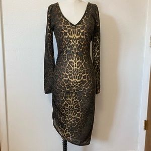 Sheer & Sexy Leopard Print Long Sleeved Body Con Dress Small